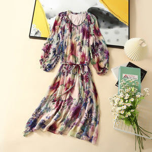 Vintage Style Silk Long Sleeve V-Neck Dress