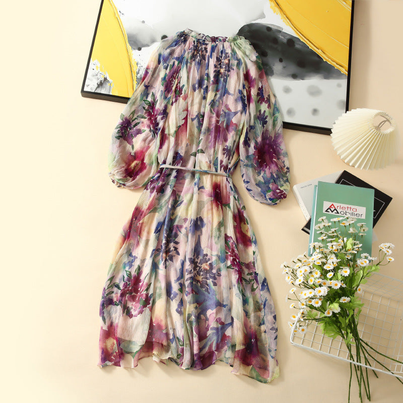 Vintage Style Silk Long Sleeve V-Neck Dress