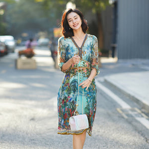 Vintage printed silk V-neck mid-length holiday dress