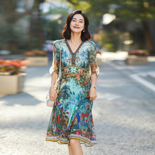 Vintage printed silk V-neck mid-length holiday dress