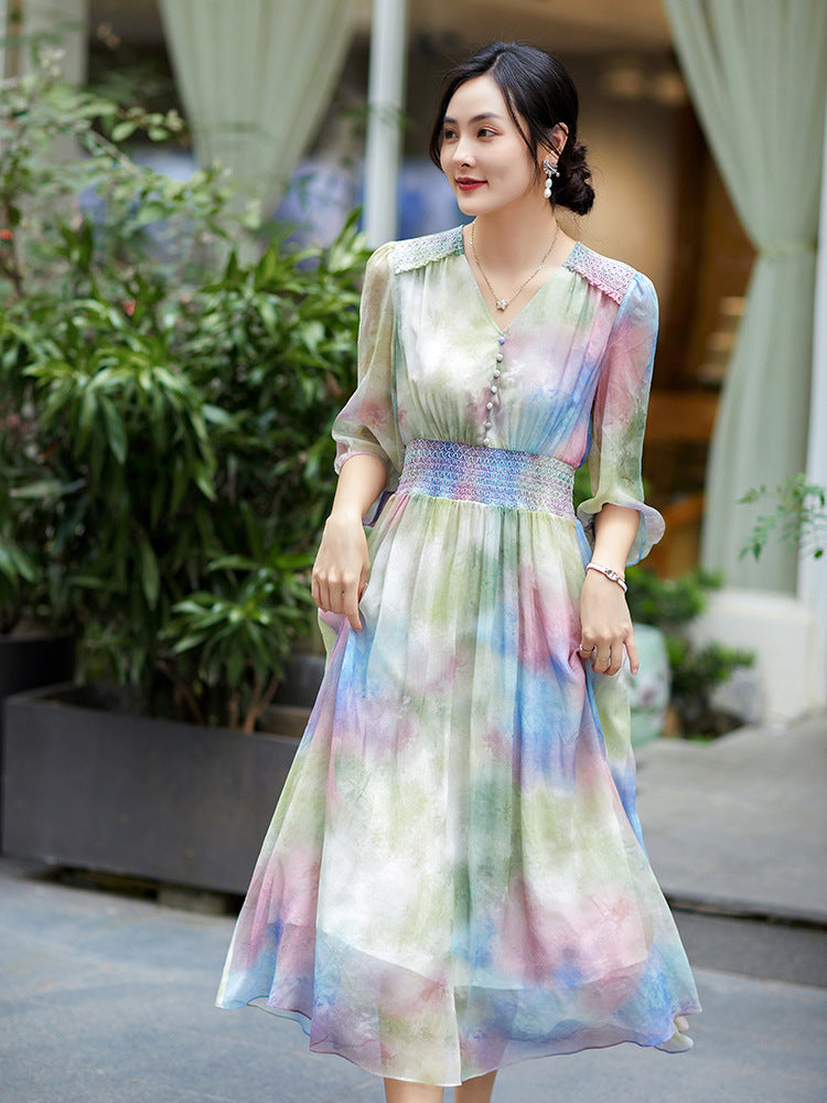 Multi-color elastic waist style A-line silk dress