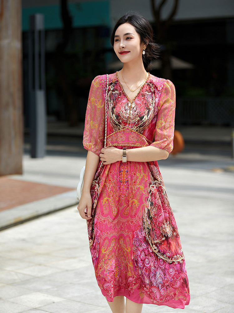 Long Casual Elegant Silk Dress with diamond chain