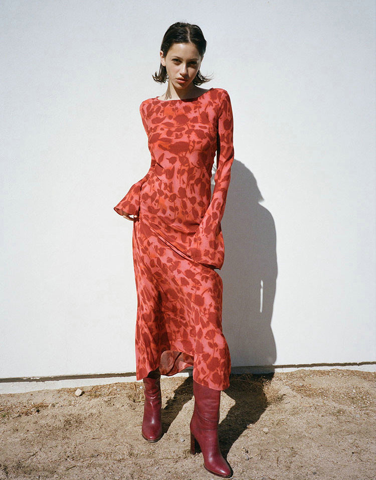 Printed Long Sleeve Slim Maxi Dress made of 100% Silk