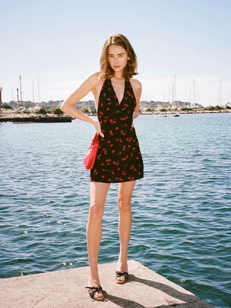 Deep V-neck Backless Printed Cherry Sexy Elegant Silk Dress