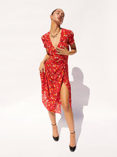 Vintage Short Sleeve Midi Floral Printed Silk Dress