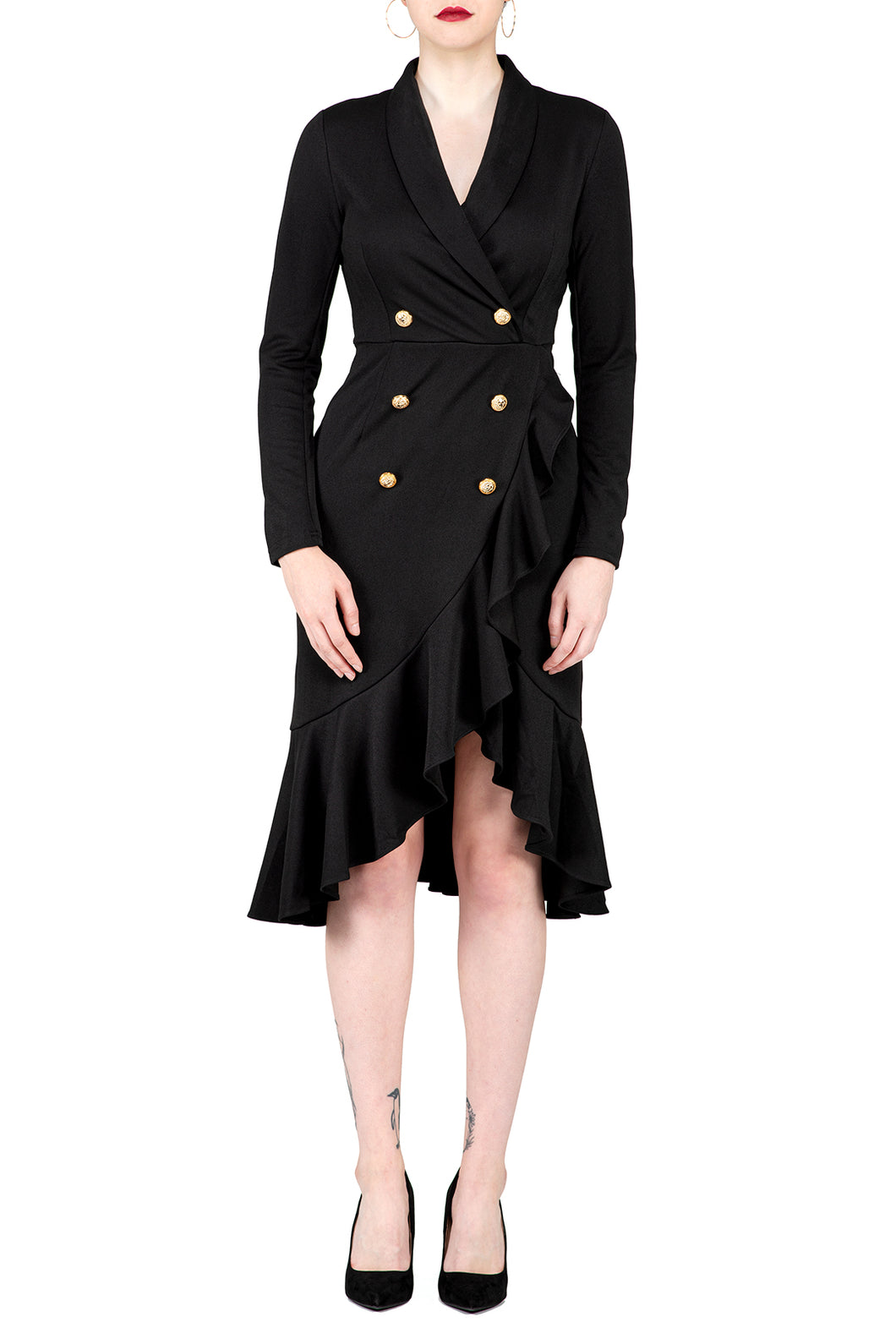 TWO PEARS-Long Sleeve Double-Breast Asymmetrical Ruffle Hem Dress