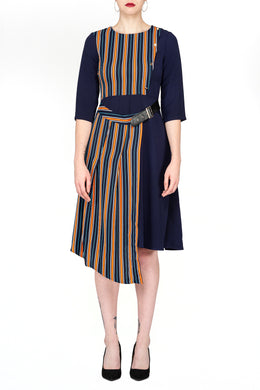 TWO PEARS-Three Quarter Sleeve Belted Contrast Midi Dress