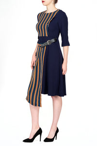 TWO PEARS-Three Quarter Sleeve Belted Contrast Midi Dress