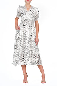 TWO PEARS-Short Sleeve Dot Print V-neck Elastic Waist Fit & Flare Dress