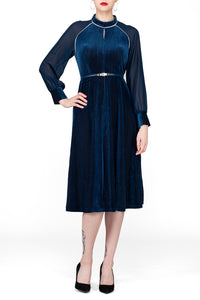 SCANDINAVIA-Long Sheer Sleeve Velvet Dress With Belt