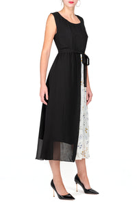 SCANDINAVIA-Sleeveless Belted Contrast Pleated Dress