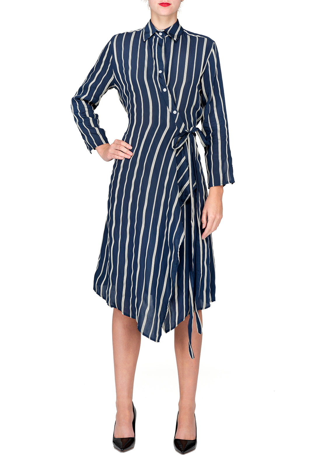 TWO PEARS-Long Sleeve Waist Belted Wrapped Surplice Dress