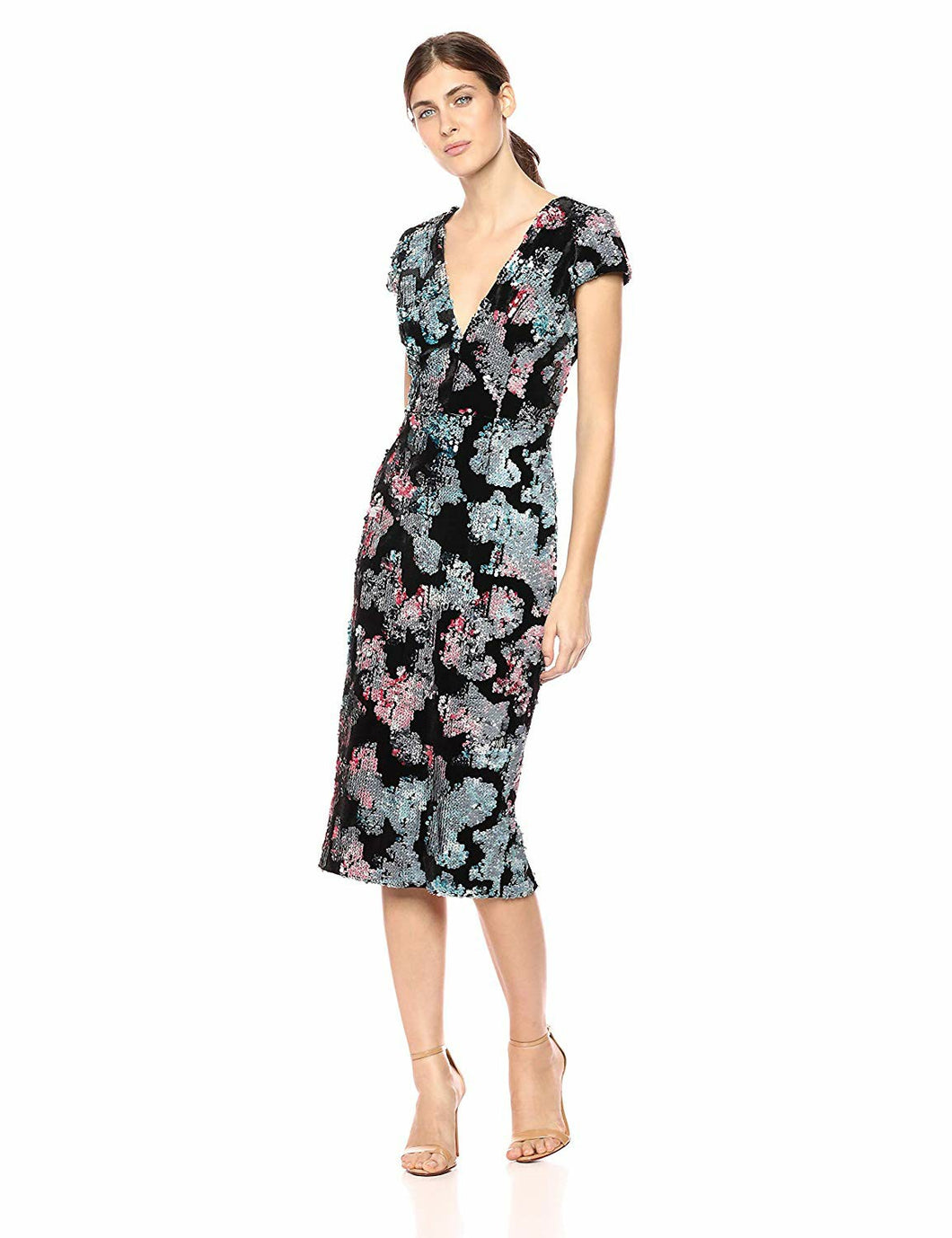 dress the population allison dress Dress the Population V-Neck Allison Sequin Sheath Midi Dress, Womens, S, Black