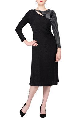 TWO PEARS-Long Sleeve Side Draped Contrast Dress