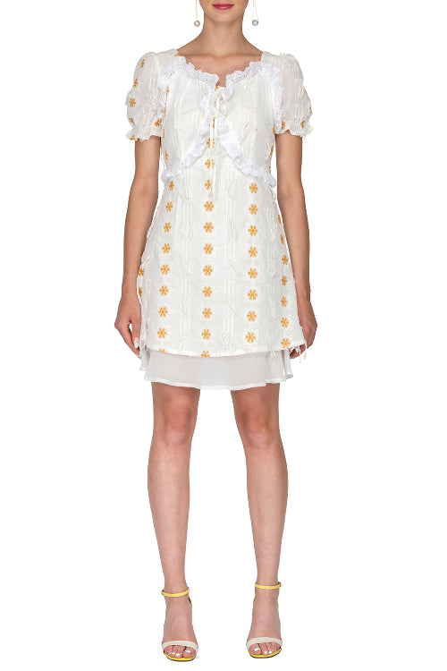 Short Sleeve Front Tie Embroidered Overlay A-line Mini Dress
