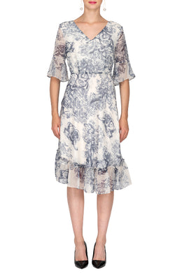 Ruffle Sleeve Classic Abstrat Printed Chiffon Dress