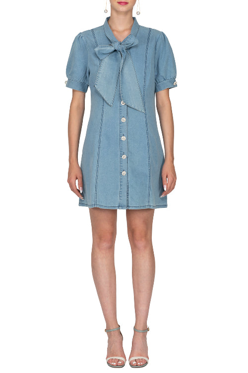 Bow Front Button Down Denim Dress