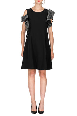 Cold Shoulder Contrast Ruffle Sleeve Cocktail A-line Dress