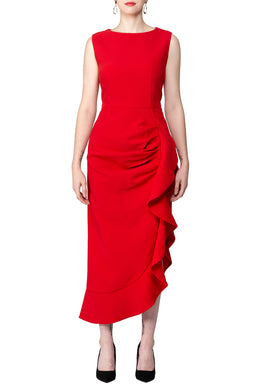 SCANDINAVIA-Sleeveless Ruffle Accent Side Draped Dress