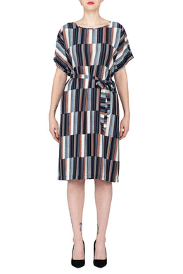 SCANDINAVIA-Short Sleeve Multicolored Belted Shift Dress