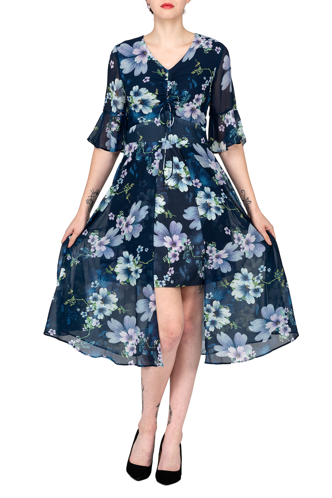 TWO PEARS-Flowy Print Dress with Drawstring