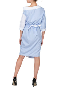 TWO PEARS-Half Sleeve Contrast Belted Draped Shirt Dress