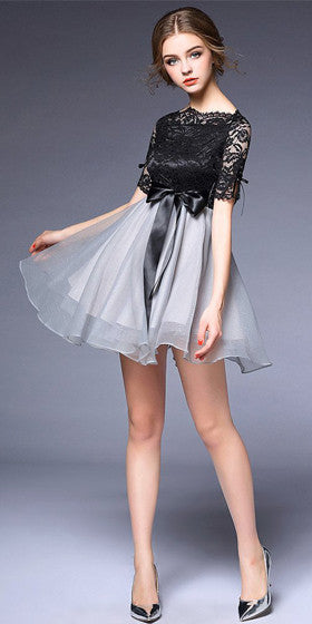 Black Lace Dress with grey shirred skirt