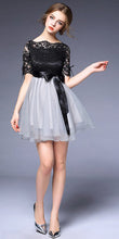 Black Lace Dress with grey shirred skirt