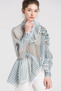 SEE-THROUGH STRIPE LONG SLEEVES BLOUSES WITH TALL COLLAR AND ASYMMETRIC HEM