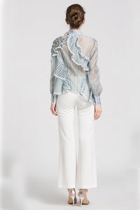 SEE-THROUGH STRIPE LONG SLEEVES BLOUSES WITH TALL COLLAR AND ASYMMETRIC HEM