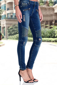 Zipper Accent Elastic Skinny Denim Jeans