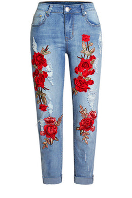 Embroidered Ripped Holes Roll-up Jeans