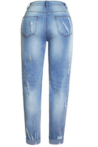 Embroidered Ripped Holes Roll-up Jeans