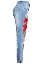 Embroidered Ripped Holes Roll-up Jeans