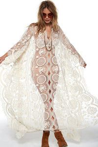 Model wearing lace maxi dress