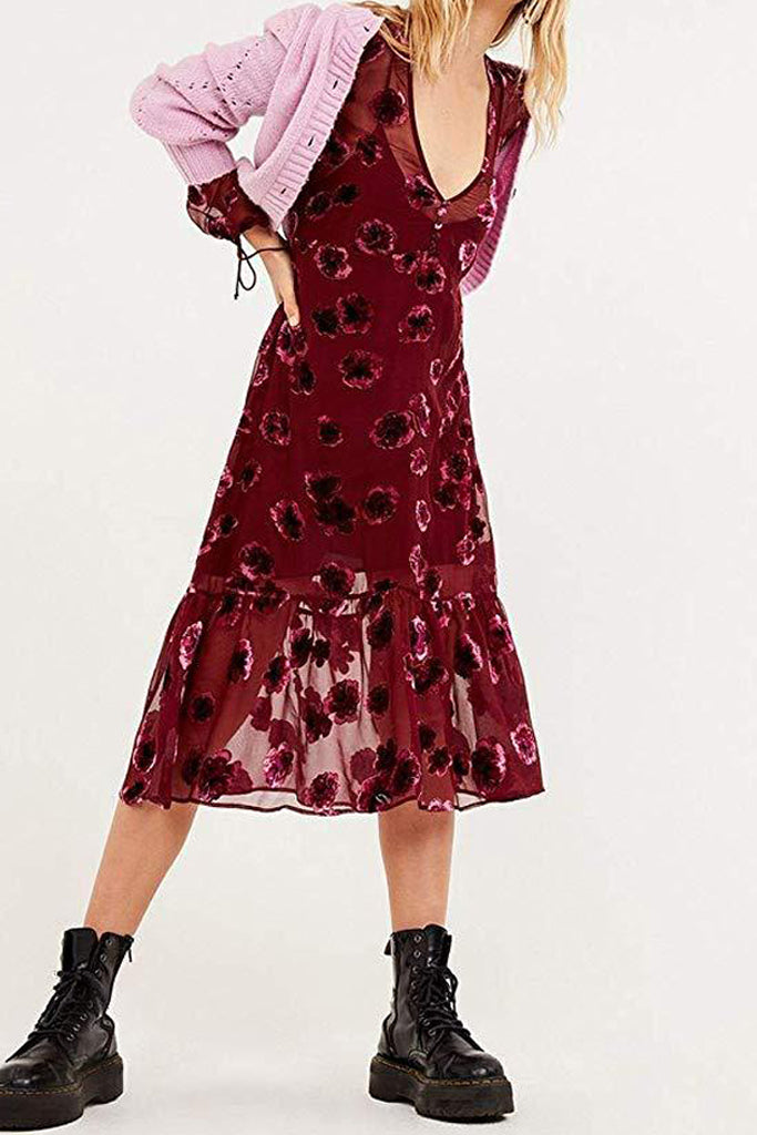 FOR LOVE & LEMONS-SOPHIE VELVET FLORAL MIDI DRESS