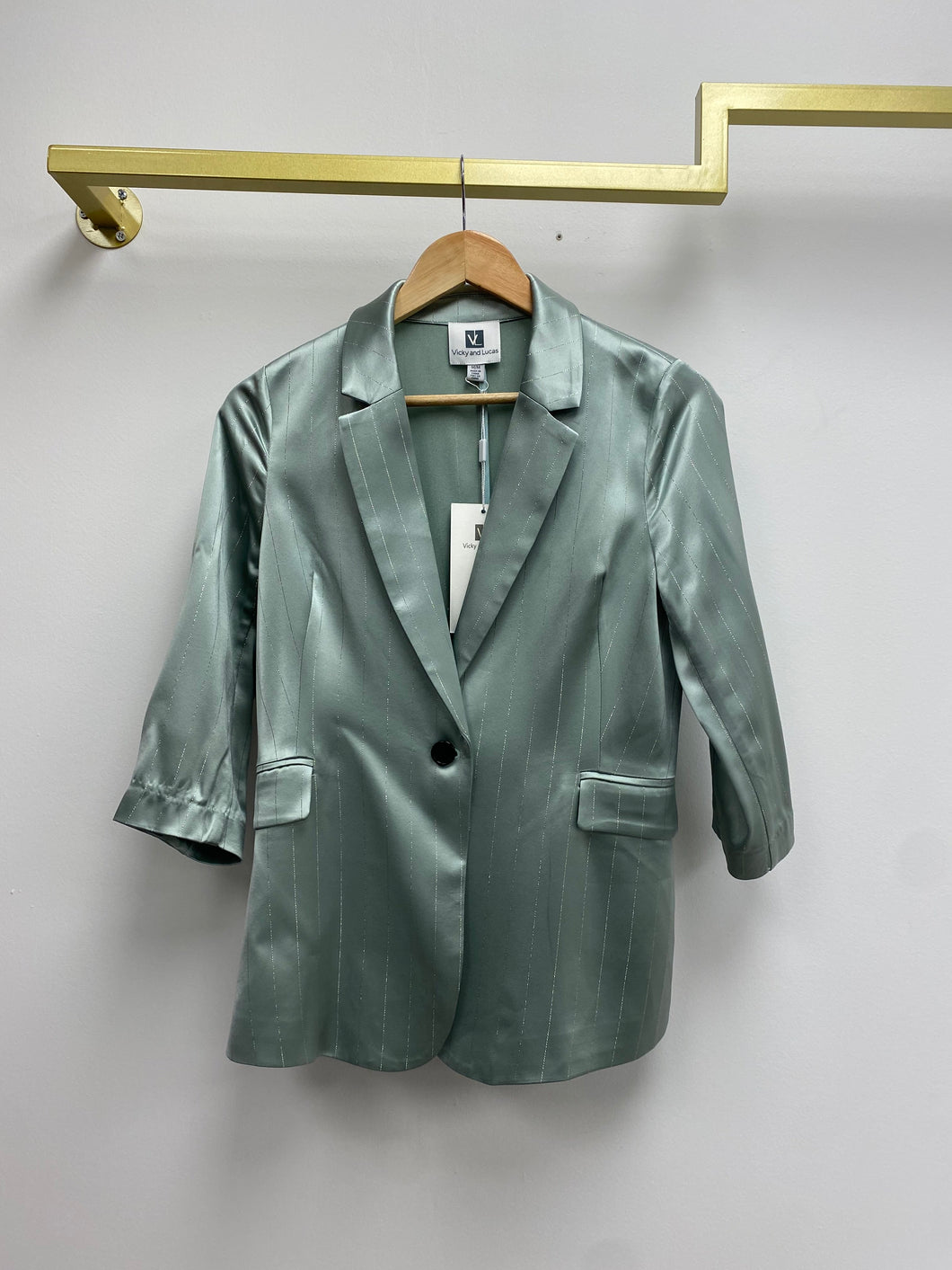 Shiny Silk Feel Green Blazer with Silver Stripes