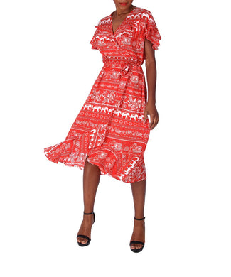 SCANDINAVIA-Cap Flare Sleeve Waist Drawstring Asymmetrical Hem Fit & Flare Dress