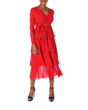 TWO PEARS-Long Sleeve V-neck Belted Ruffled Layered Dress