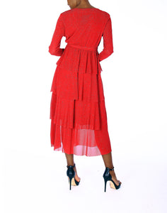 TWO PEARS-Long Sleeve V-neck Belted Ruffled Layered Dress
