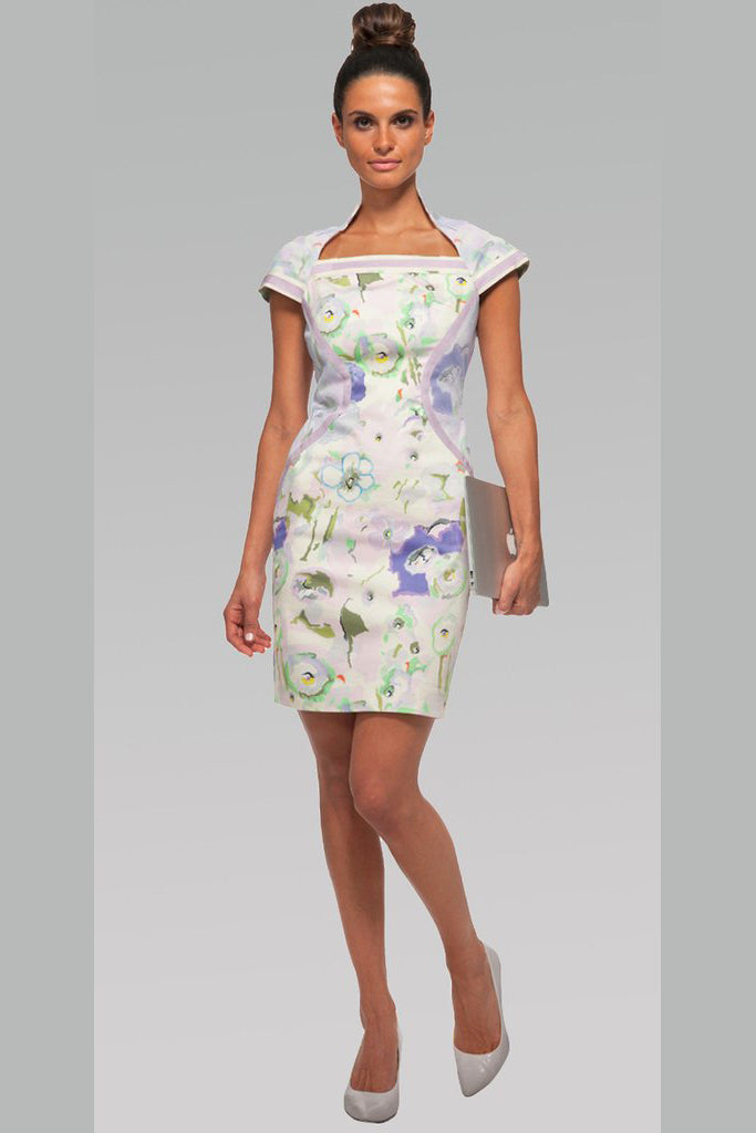High Collar Dress w/Ragland Sleeves - Watercolor Flowers
