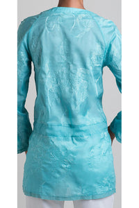 Floral Embroidered Cotton Shirting Drawstring Shirt - Aqua