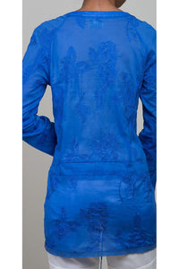 Floral Embroidered Cotton Shirting Drawstring Shirt - Indigo