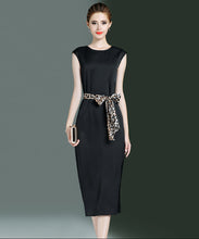 SCANDINAVIA-Sleeveless Leopard Print Waist Belt Shift Dress