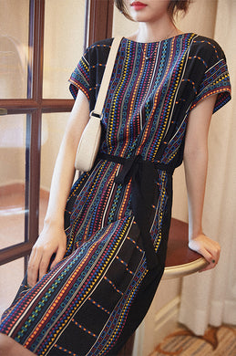 SCANDINAVIA-Cap Sleeve Color Stripe Belted Shift Dress