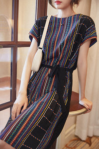 SCANDINAVIA-Cap Sleeve Color Stripe Belted Shift Dress