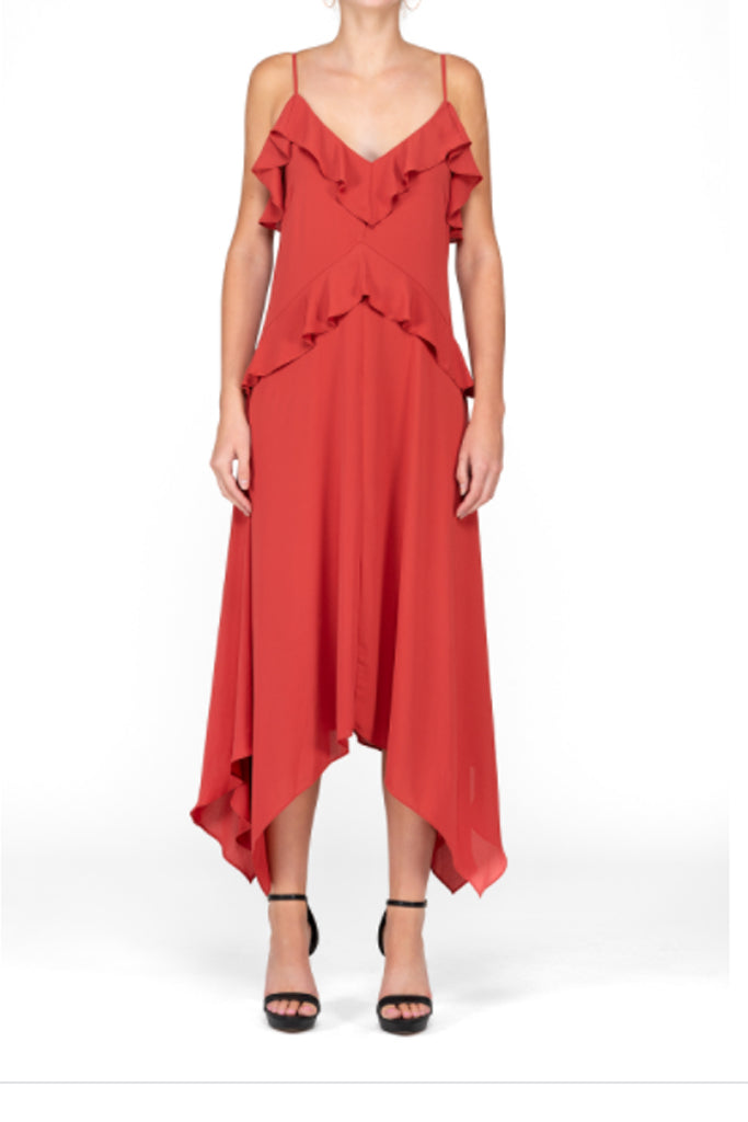 BCBG Maxazria - Sleeveless Ruffle Acent Asymmetrical Hem V-neck Dress