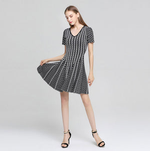 TWO PEARS-Short Sleeve V-Neck Knitted A-line Dress