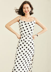 TWO PEARS-Spaghetti Strap Dot Print Side Draped Dress