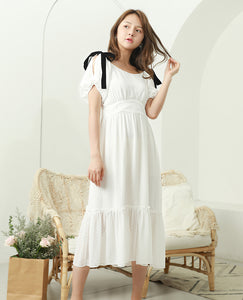 TWO PEARS-Puff Sleeve Shoulder Bowknot Ruffle Hem Shift Dress